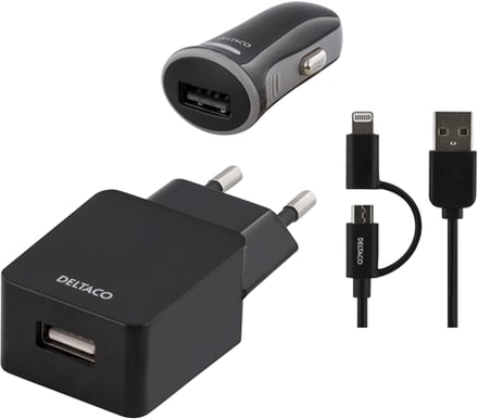 Deltaco Laddkit Vägg & Bil Lightning/microUSB-kabel Svart 1m