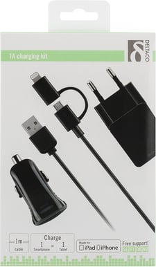 Deltaco Laddkit Vägg & Bil Lightning/microUSB-kabel Svart 1m