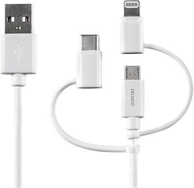 DELTACO 3-i-1 Lightning/USB-C/Micro-USB-kabel (MFI) Vit 1m