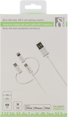 DELTACO 3-i-1 Lightning/USB-C/Micro-USB-kabel (MFI) Vit 1m