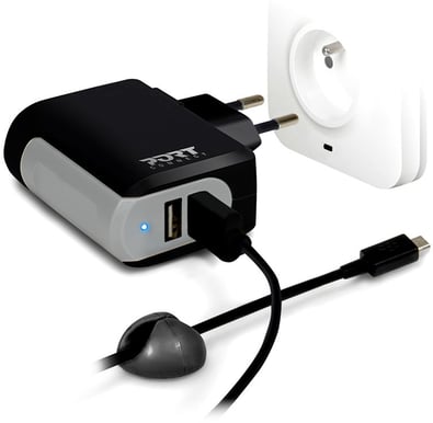 PORT Designs Väggladdare 2xUSB + microUSB kabel Svart
