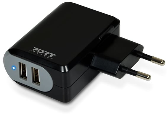 PORT Designs Väggladdare 2xUSB + microUSB kabel Svart