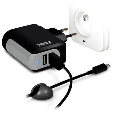 PORT Designs Väggladdare 2xUSB + USB-C kabel Svart