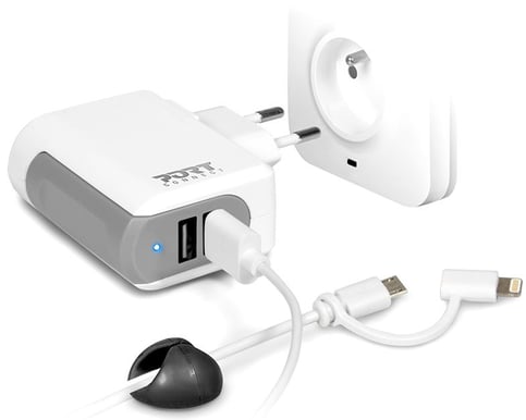 PORT Designs Väggladdare 2xUSB + Lightning/microUSB kabel Vit