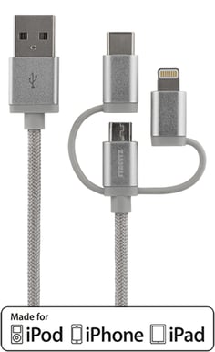 STREETZ Lightning/USB C/microUSB-kabel (MFI) Silver 1m