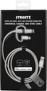 STREETZ Lightning/USB C/microUSB-kabel (MFI) Silver 1m