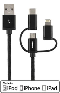 Lightning/USB C/microUSB-kabel (MFI) Svart 1m