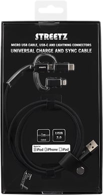 Lightning/USB C/microUSB-kabel (MFI) Svart 1m