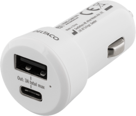 DELTACO Billaddare USB-C & USB-A 3A Vit