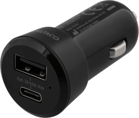 DELTACO Billaddare USB-C & USB-A 3A Svart