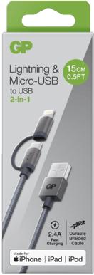 GP 2-in-1 USB-A till Lightning/Micro-USB-kabel (MFi) Grå 15 cm