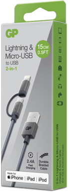 GP 2-in-1 USB-A till Lightning/Micro-USB-kabel (MFi) Grå 15 cm