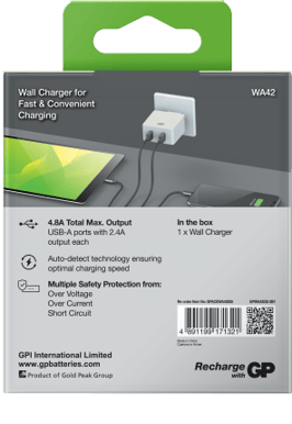 GP Batteries Väggladdare 2x USB-A Vit