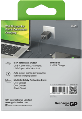 GP Batteries Väggladdare USB-C/USB-A 17 W Grå