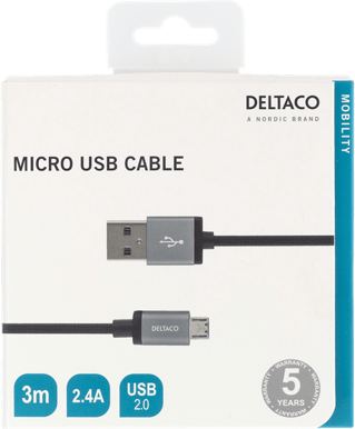 DELTACO Micro-USB-kabel Svart Tygsladd 3m