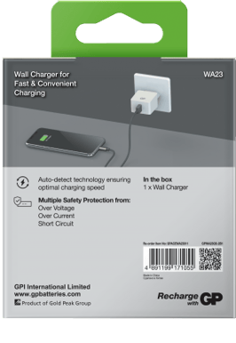 GP Batteries Väggladdare USB-A Vit