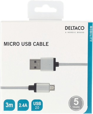 DELTACO Micro-USB-kabel Silver Tygsladd 3m