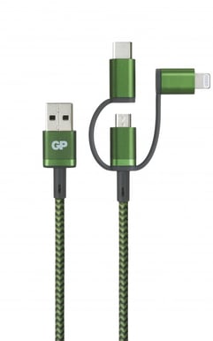 GP 3-in-1 USB-A till USB-C/Lightning/Micro-USB-kabel (MFi) Grön 1 m