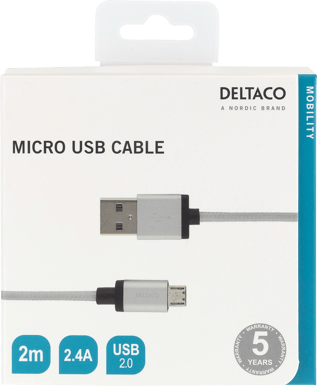 DELTACO Micro B-USB-kabel Silver Tygsladd 2 m
