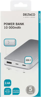 DELTACO Powerbank USB-C 10 000 mAh Silver