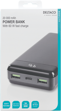 DELTACO Powerbank USB-C 20 000 mAh, 60W, Svart