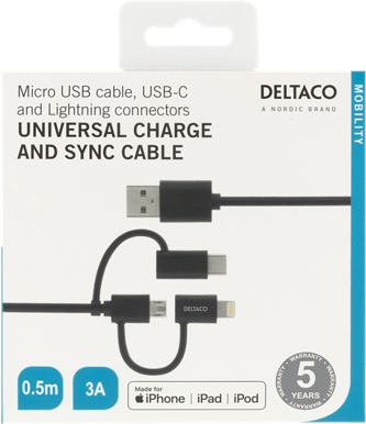 DELTACO 3-i-1 USB-C/Lightning/Micro-USB-kabel Svart 0.5 m