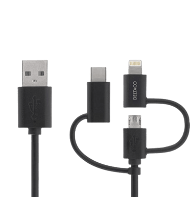 DELTACO 3-i-1 USB-C/Lightning/Micro-USB-kabel Svart 1 m