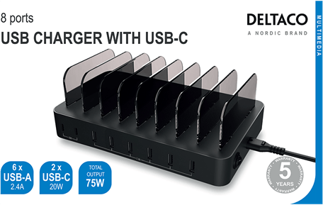 DELTACO Laddningsstation 2x USB-C 6x USB-A Svart