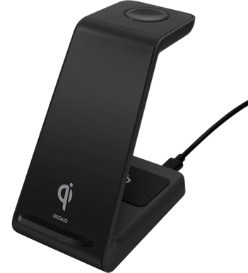 DELTACO 3-i-1 trådlös laddare, 15 W, USB-C, Qi-certifierad, LED-indikator, svart