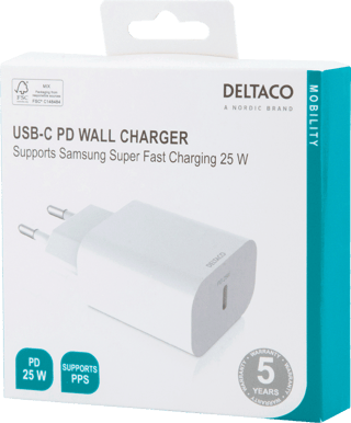 DELTACO Väggladdare, USB-C PD 25 W Vit