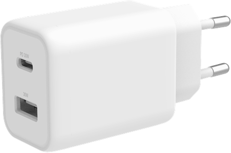DELTACO Väggladdare 1x USB-A 18 W, 1x USB-C PD 30W Vit