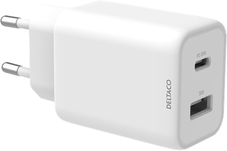 DELTACO Väggladdare 1x USB-A 18 W, 1x USB-C PD 30W Vit