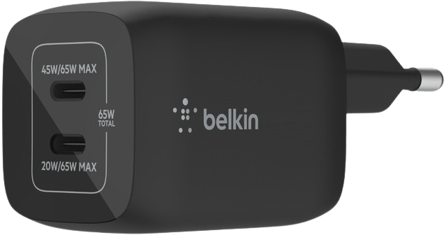 Belkin Väggladdare GaN 2x USB-C 65W PD Svart