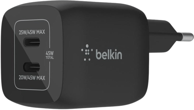 Belkin Väggladdare GaN 2x USB-C 45 W, Svart