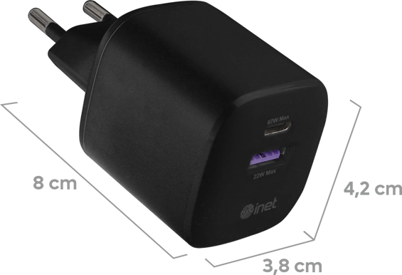 Inet Väggladdare GaN 1x USB-C 1x USB-A 67W