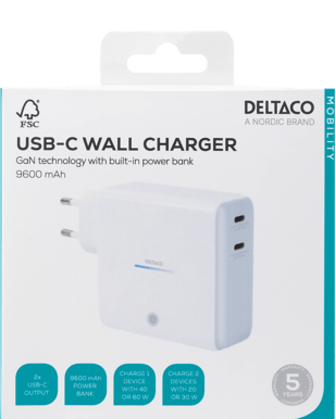 DELTACO USB-C väggladdare med inbyggd powerbank 9600 mAh, vit