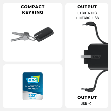 Rolling Square TAU powerbank, 1400mAh, C/Lightning/Micro USB, svart