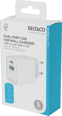 DELTACO Väggladdare 1x USB-A 18 W, 1x USB-C 30W
