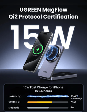 UGREEN Magflow Qi2 2-In-1 Trådlös laddare Grå