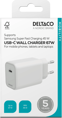 DELTACO Väggladdare 1x USB-C 67 W Vit