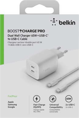 Belkin Väggladdare GaN 2x USB-C 65W PD Vit + kabel