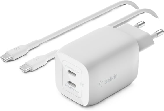 Belkin Väggladdare GaN 2x USB-C 65W PD Vit + kabel