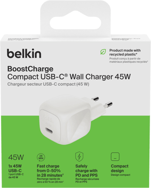 Belkin Väggladdare GaN USB-C 45W, Vit