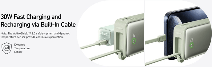 Anker Nano Powerbank 10000 mAh 30W inbyggd USB-C kabel Grön