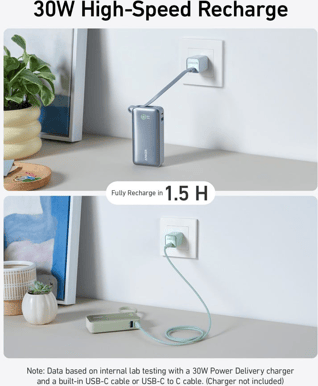Anker Nano Powerbank 10000 mAh 30W inbyggd USB-C kabel Grön