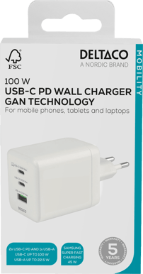 DELTACO Väggladdare 1x USB-A  2x USB-C 100 W Vit