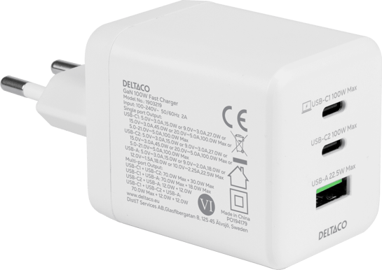 DELTACO Väggladdare 1x USB-A  2x USB-C 100 W Vit