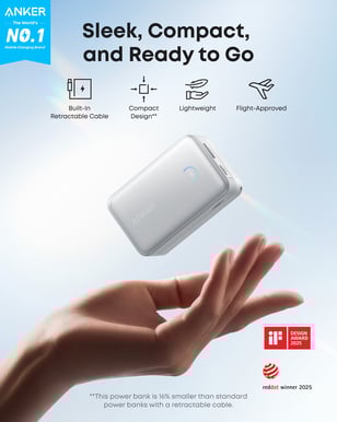 Anker Nano Powerbank 10000 mAh, 45W med inbyggd USb-C Kabel Vit
