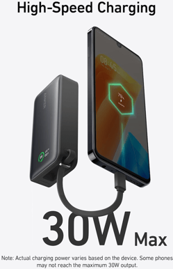 Anker Nano Powerbank 10000 mAh 30W inbyggd USB-C kabel Svart