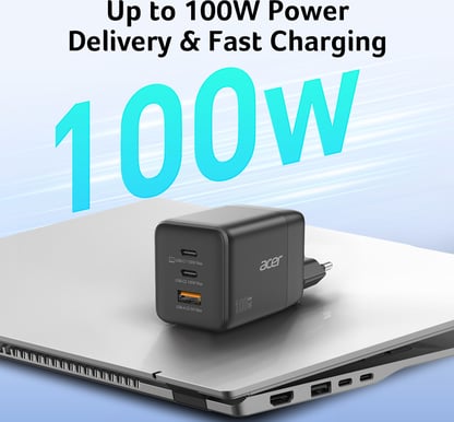 Acer GaN-laddare 100W Svart ink kabel och reseplug